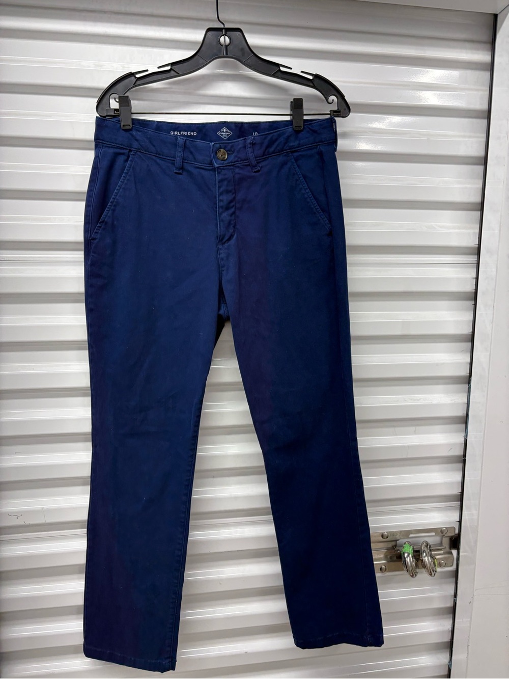 St. John's Bay Women's Blue Solid Chino Girlfriend Pants Button Flat Front